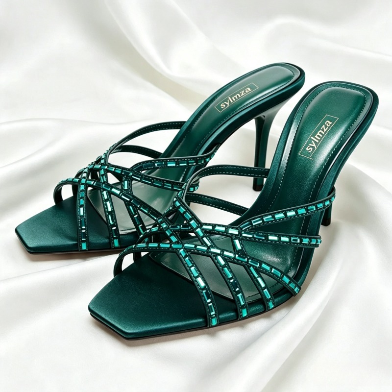 Photography Landscape - Unieke pauwblauwe kristallen sandalen met hak,