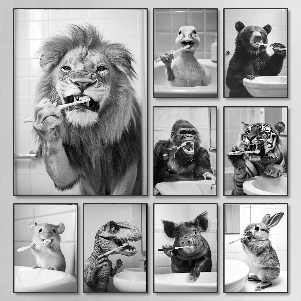Photography Black And White - Zwart Wit Grappige Badkamer Tandenpoetsen Poster